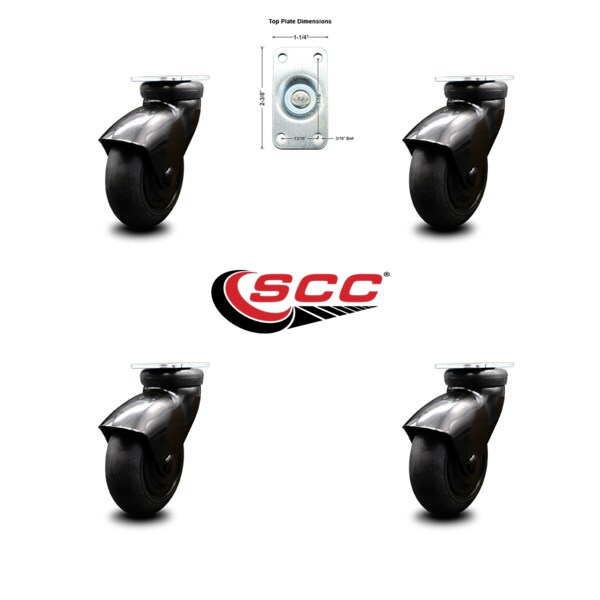 3 Inch Black Hooded Neoprene Rubber Top Plate Casters, 4PK